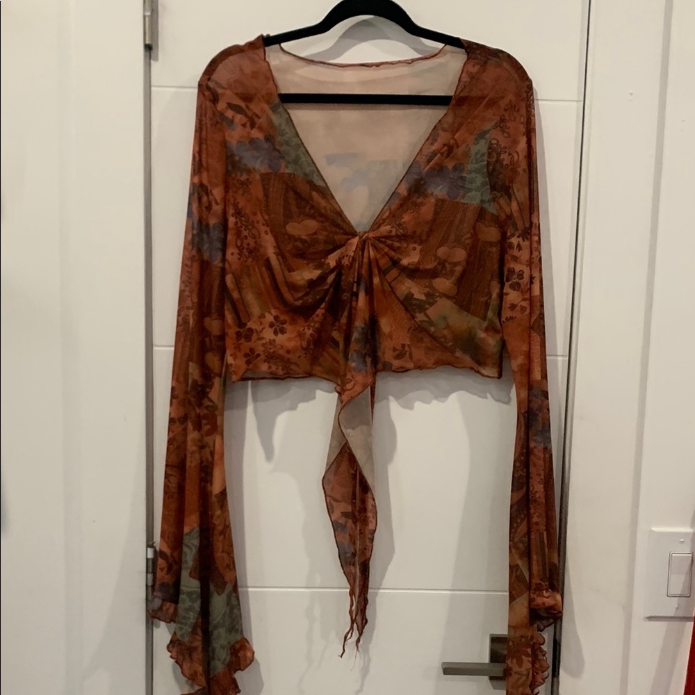 SHEIN Orange Brown Flutter Sleeve Blouse